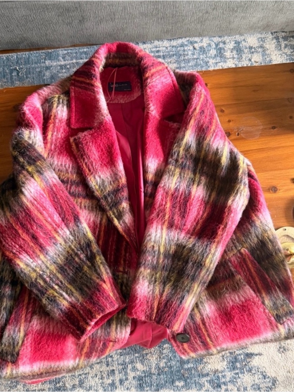 Women's Pink Plaid Wool-Blend Coat